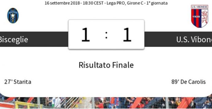 Serie C, Vibonese salvata da De Carolis: a Bisceglie agguanta il pareggio nel finale