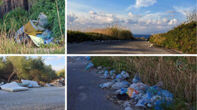 Il blu del mare vibonese, il golfo di Sant’Eufemia sullo sfondo e… una strada piena di rifiuti – Foto