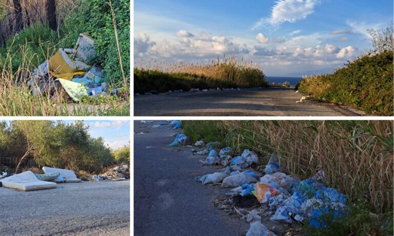 Il blu del mare vibonese, il golfo di Sant’Eufemia sullo sfondo e… una strada piena di rifiuti – Foto