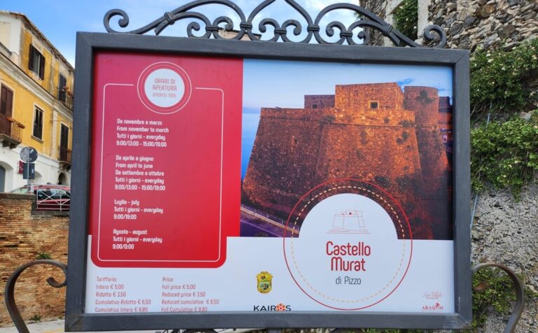 Pizzo, aumenta il prezzo del biglietto per visitare Castello Murat e Piedigrotta