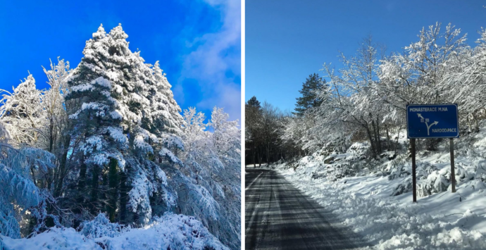 La neve continua a cadere sui monti vibonesi, mezzi in azione sulla strada tra Mongiana e Nardodipace – VIDEO/FOTO