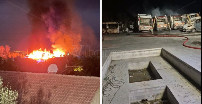 Incendio a Tropea, in fiamme i mezzi della ditta della raccolta rifiuti e uno scuolabus: non si esclude nessuna pista