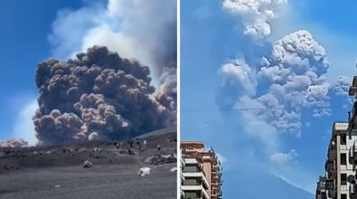 Mega eruzione dell’Etna: crolla una parete del cratere, nube alta chilometri e continue esplosioni