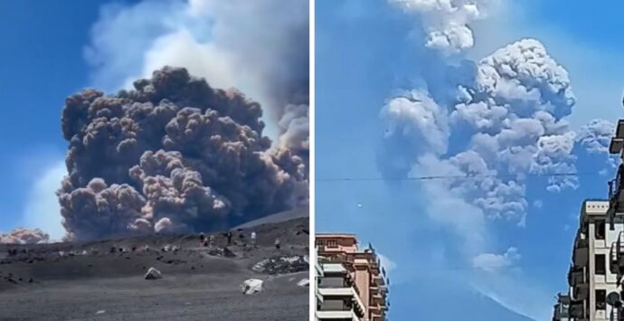 Mega eruzione dell’Etna: crolla una parete del cratere, nube alta chilometri e continue esplosioni